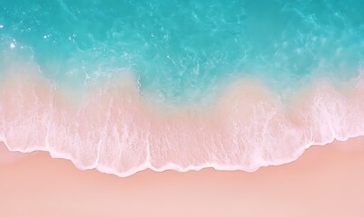 Wall Mural - Waves washing onto pink sand beach, aerial view. Turquoise water background for travel, vacation themes