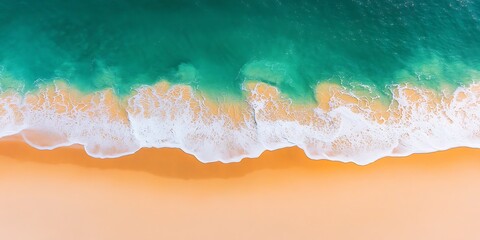 Wall Mural - Waves washing shore from above, forming foamy texture at beach for relaxation, travel, or background use