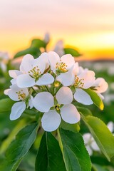 Wall Mural - White blossoms bloom as golden sunset illuminates spring garden. Suitable for nature promotion