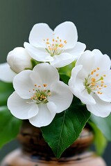 Wall Mural - White blossoms bloom in vase; green background for nature, spring, or wellness use