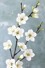 Canvas Print - White blossoms branch against marbled light-blue backdrop. For greetings or product