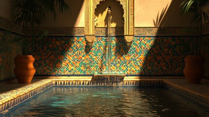 Wall Mural - Serene Indoor Pool Surrounded by Colorful Mosaic Tiles and Plants