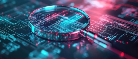 Poster - A close-up view of a magnifying glass overlaid on a digital circuit board, highlighting technology and innovation in a futuristic environment