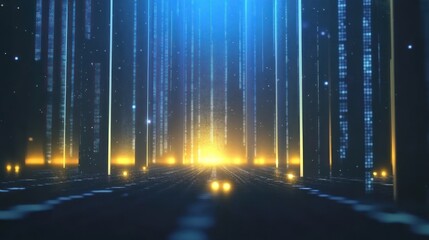 Fototapete - A futuristic digital landscape with glowing vertical lines and a bright horizon, depicting a journey through data and technology