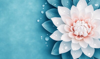 Wall Mural - White flower bloom with water droplets, soft turquoise backdrop. For wellness, spa, beauty ads