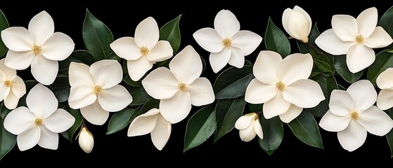 Wall Mural - White magnolia blossoms and leaves on black background, for design border