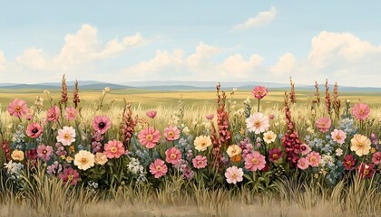 Wall Mural - Wildflowers bloom in a field under a cloudy sky. Background suitable for digital wallpaper