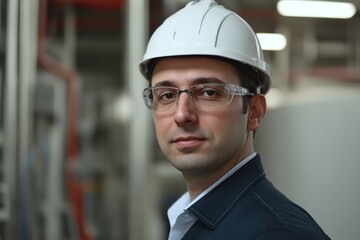 Poster - Professional engineer in safety gear stands confidently in an industrial setting, showcasing teamwork and innovation in the background