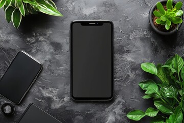 Poster - A minimalist workspace featuring a black phone, laptop, and lush green plant on a table