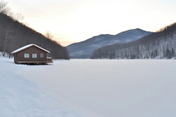 Wall Mural - A cabin is in the middle of a snowy field