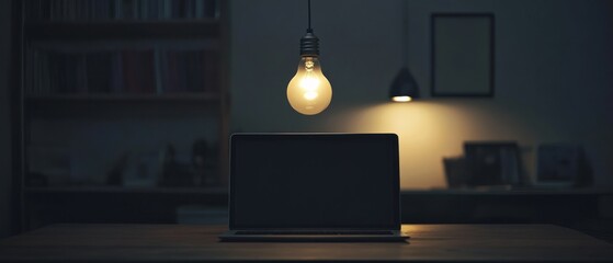 Poster - A dimly lit workspace featuring a laptop on a wooden table, illuminated by a hanging light bulb, with bookshelves in the background