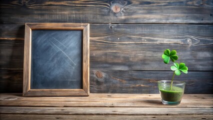 Poster - Rustic wooden background featuring a blank chalkboard sign and a four-leaf clover in a glass