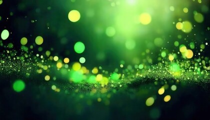 Poster - glowing green bokeh background with soft light and yellow accents, abstract sparkles and blurred spots