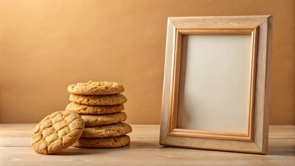 Poster - A stack of delicious homemade cookies sits next to a blank wooden picture frame on a rustic wooden surface