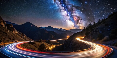 Wall Mural - nighttime mountain road with light trails under a vibrant starry sky and the milky way