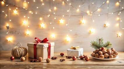 Poster - Festive Gift Boxes and Holiday Decor with String Lights and Star Shaped Ornaments on Wooden Table