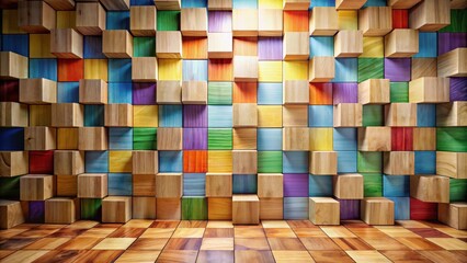 Poster - Vibrant Wooden Cube Wall Installation with Checkered Floor Abstract Background for Design Projects
