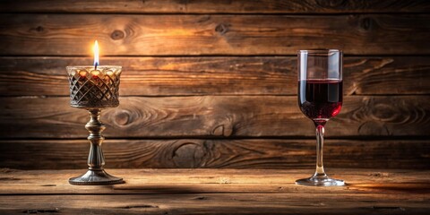 Poster - A lit candle in an ornate holder and a glass of red wine on a rustic wooden surface