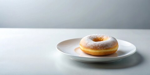 Poster - A single, delicious powdered sugar donut rests on a pristine white plate, ready to be enjoyed.