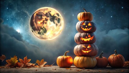 Poster - Spooky autumn night scene with jack-o'-lanterns stacked high under a glowing harvest moon and scattered fallen leaves