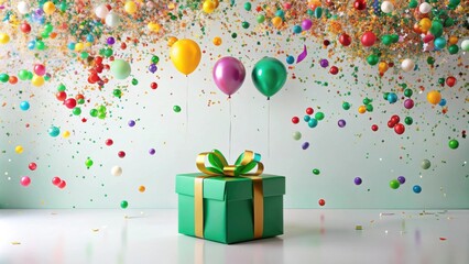 Poster - A Green Gift Box Under a Shower of Colorful Balloons and Confetti