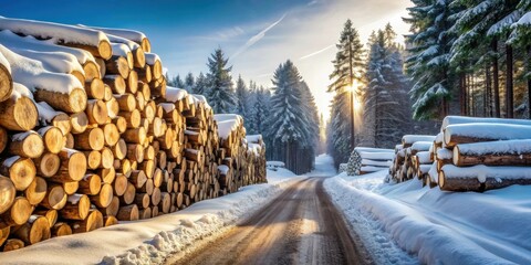 Poster - Winter Sunbeams Illuminate Snowy Road and Timber Stacks