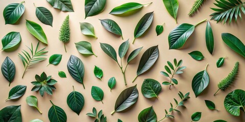 Aufkleber - A vibrant arrangement of various green leaves and small plants on a beige background