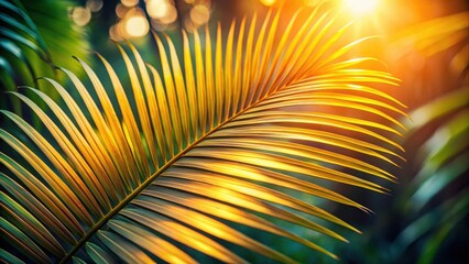 Aufkleber - Golden Palm Frond Illuminated by Warm Sunlight in Lush Tropical Foliage