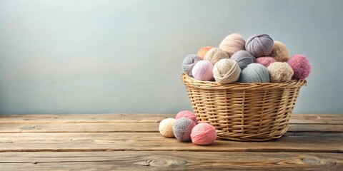 Poster - Pastel yarn balls in a wicker basket on a rustic wooden surface