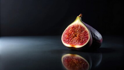 Poster - A halved fig and a whole fig rest on a dark surface, reflecting in a polished, dark background.