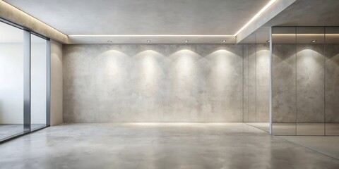 Aufkleber - Modern minimalist interior design with concrete wall and floor, featuring recessed lighting and a large glass door