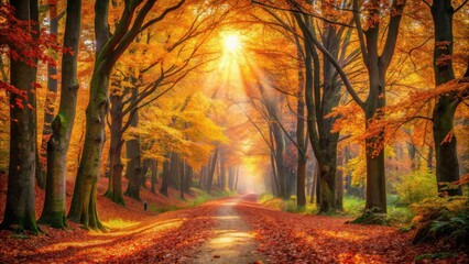 Poster - Autumnal Pathway Sunbeams Illuminate a Scenic Forest Road with Vibrant Fall Foliage