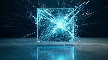 Aufkleber - glowing shattered glass cube emits vibrant blue light, creating dynamic abstract scene
