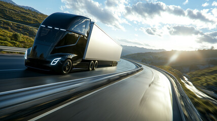 Poster - sleek, AI powered self driving truck navigates scenic highway at sunset