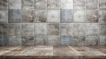 Aufkleber - Rustic Wooden Tabletop Against a Weathered Tile Wall Background Ideal for Product Displays