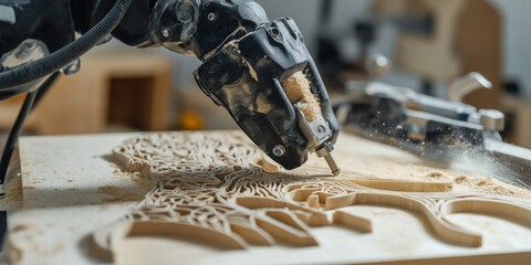 Poster - robotic arm intricately carves detailed pattern into wood, showcasing precision