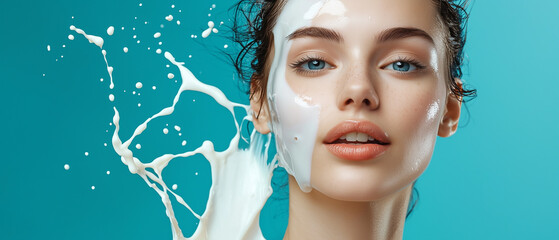 Aufkleber - woman with milk splashing on her face against blue background