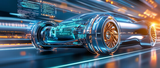 Poster - Futuristic electric car with transparent body showcasing internal technology
