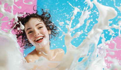 Poster - joyful woman with curly hair is surrounded by splashes of milk against colorful background