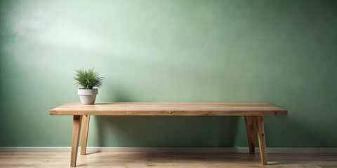 Poster - Simple wooden table against a calming green wall with a potted plant