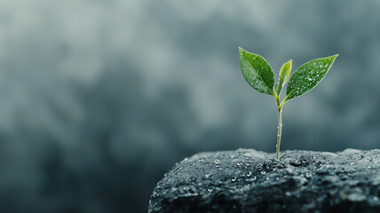 Poster - small plant with water droplets on its leaves grows from wet rock