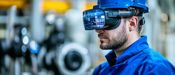 Poster - professional in blue uniform and hard hat uses augmented reality glasses in industrial setting