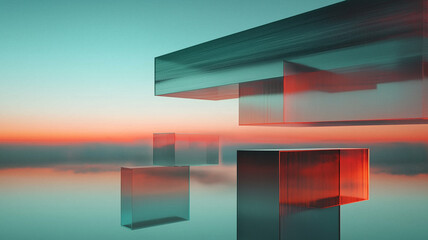 Poster - Abstract geometric shapes floating in serene sky with vibrant colors