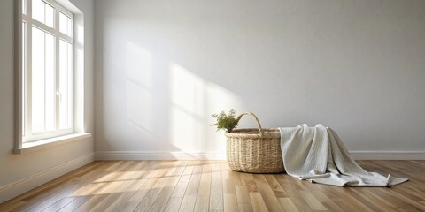 Aufkleber - Sunlit Room Interior Design with Woven Basket and Throw