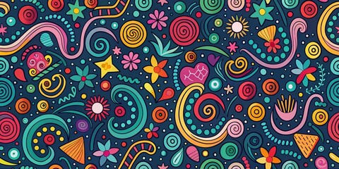 Aufkleber - Vibrant Swirls, Flowers, and Abstract Shapes in a Colorful Seamless Pattern Design