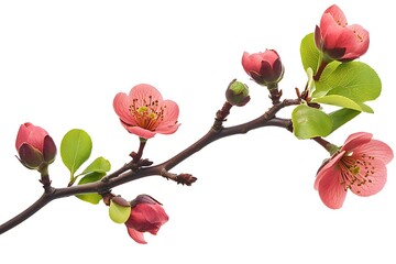 Wall Mural - red quince flowers with leaves isolated on white background. Clipping Path