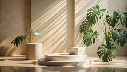 Poster - Minimalist Product Display with Tropical Foliage and Subtle Light