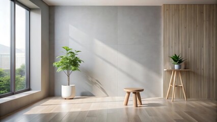 Leinwandbilder - Modern minimalist room interior design with hardwood floors, large window, potted plants, and small wooden stool