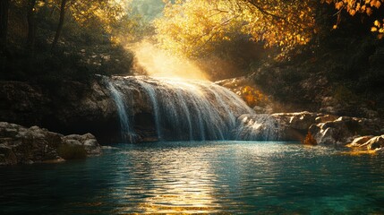 Canvas Print - Golden sunrise illuminates jungle waterfall pool