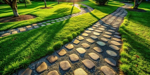 Aufkleber - Serene Garden Pathway Meandering Stone Walkway Through Lush Green Grass in Sunlight